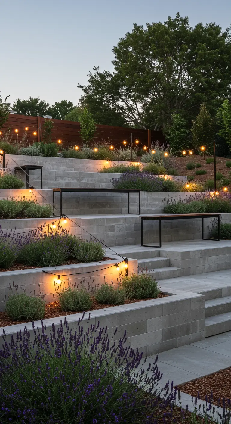Tiered garden beds filled with lavender, with black benches on each level.