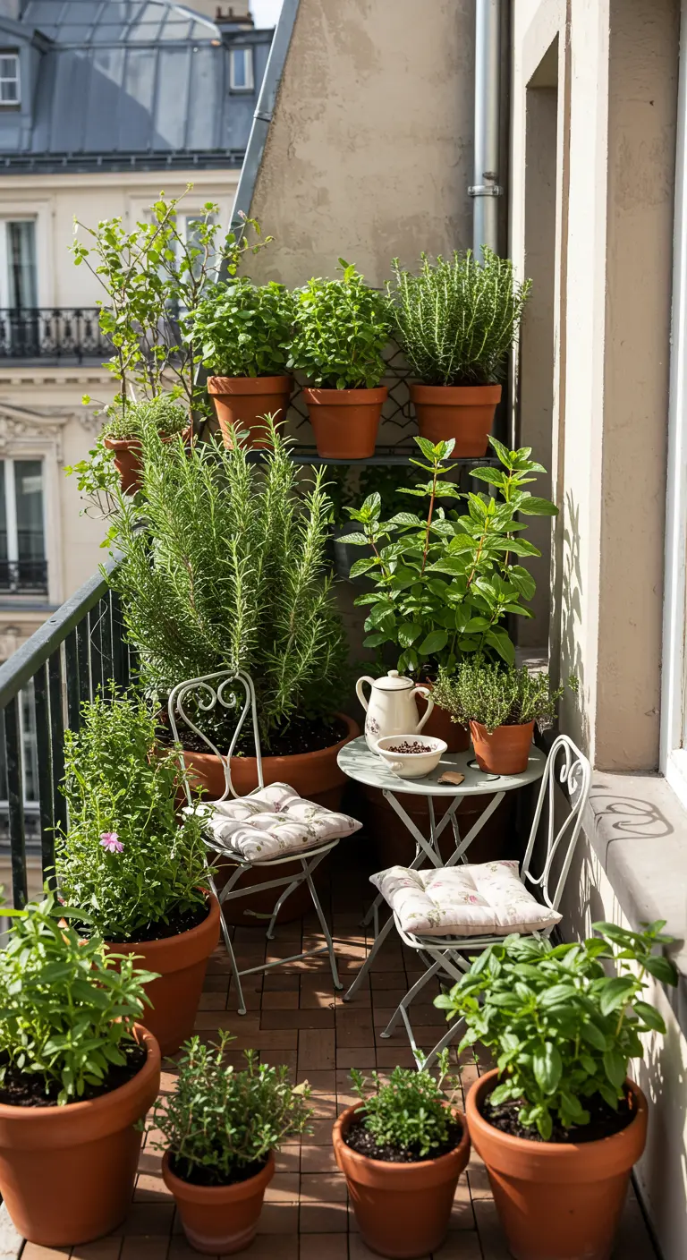 A small balcony overflowing with herbs like rosemary and basil in terracotta pots.