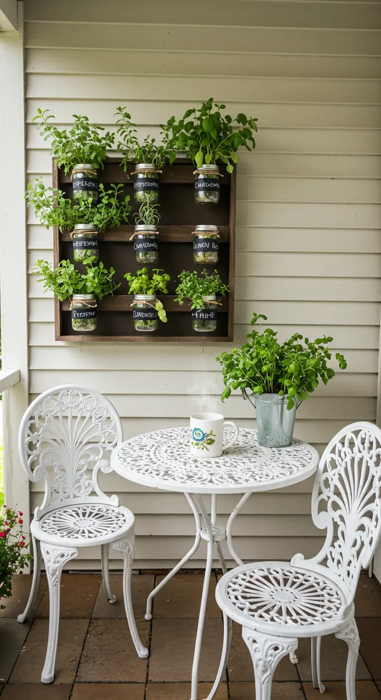 A framed dark wood herb garden with chalkboard labels on the jars, located on a porch with a bistro set.