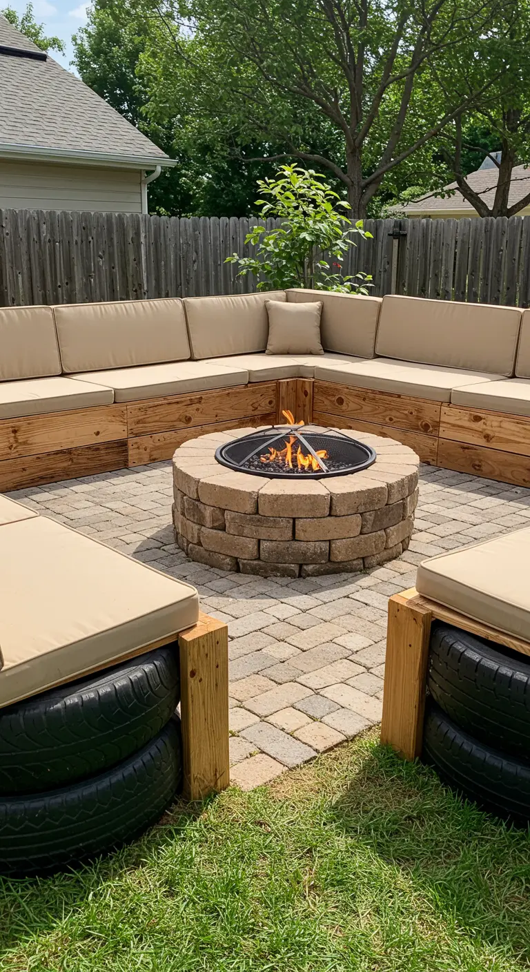 Tire seats are enclosed in simple wooden frames to create a sectional around a fire pit.