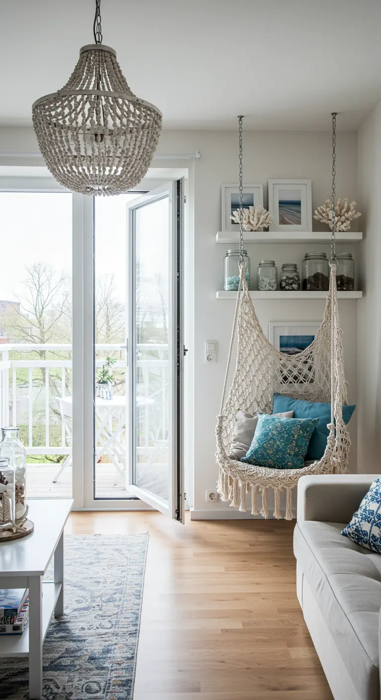 Living room with a hanging macrame chair, a beaded chandelier, and light coastal decor.