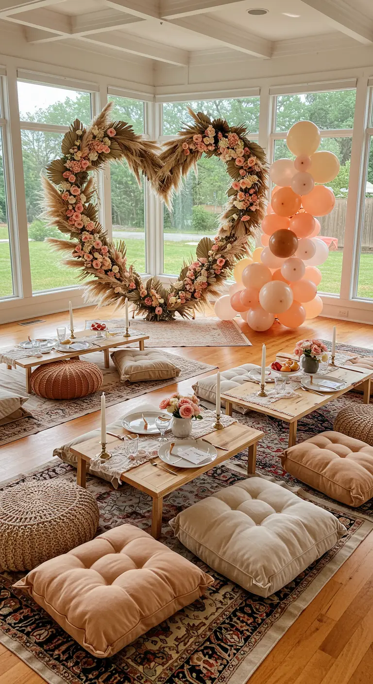 A boho heart arch of pampas grass and roses with low tables and floor cushions.