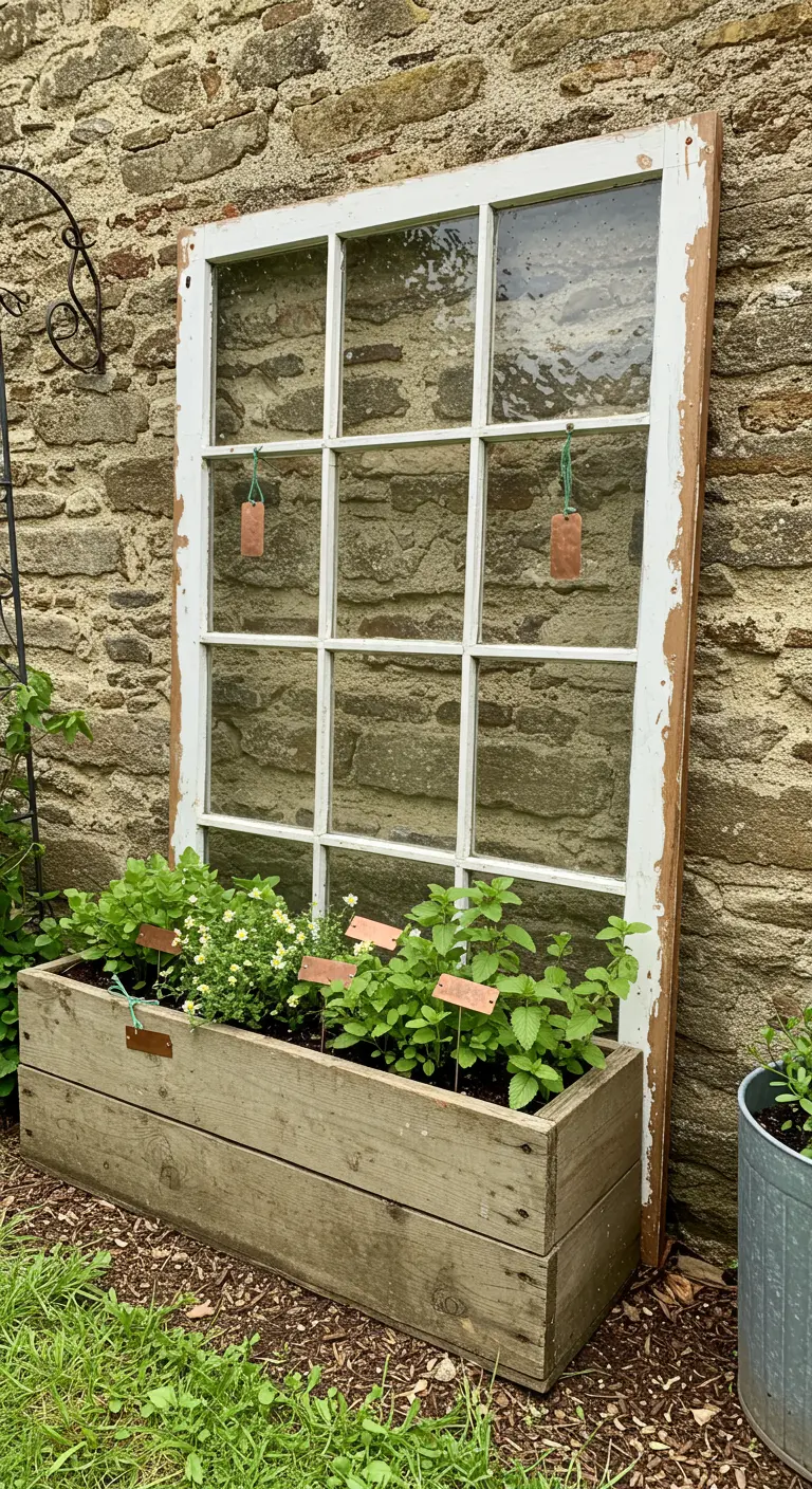 A large wooden planter box filled with herbs sits on the ground, with a vintage window frame leaning behind it.