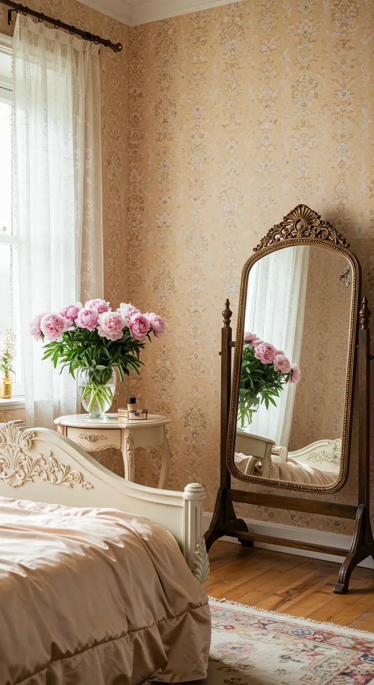 Freestanding cheval mirror next to a bed with a vase of pink peonies.