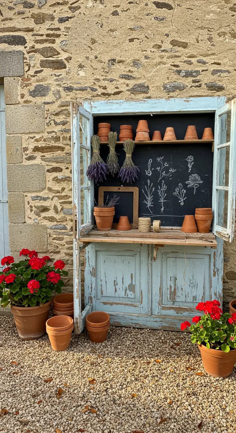A weathered blue potting cabinet made from old doors, adorned with dried lavender.