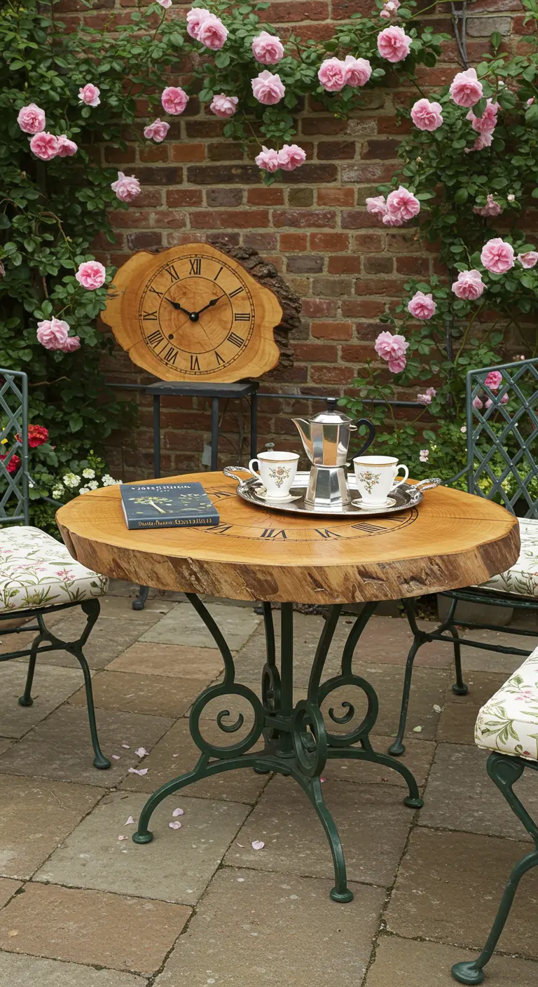 A wood slice clock table on an ornate wrought iron base in a garden with climbing roses.