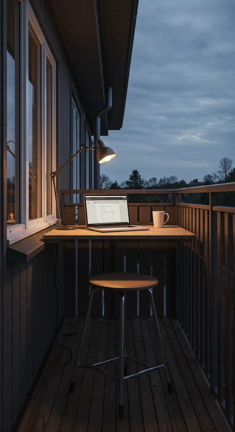 A compact balcony workspace with a fold-down desk, a task lamp, and a stool at dusk.