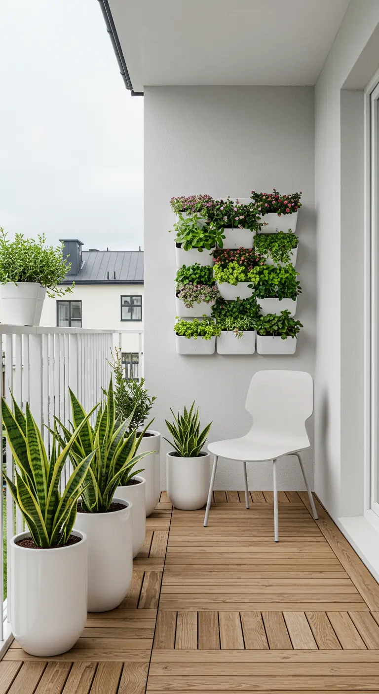 Bright balcony with white planters, snake plants, and a white vertical wall garden.
