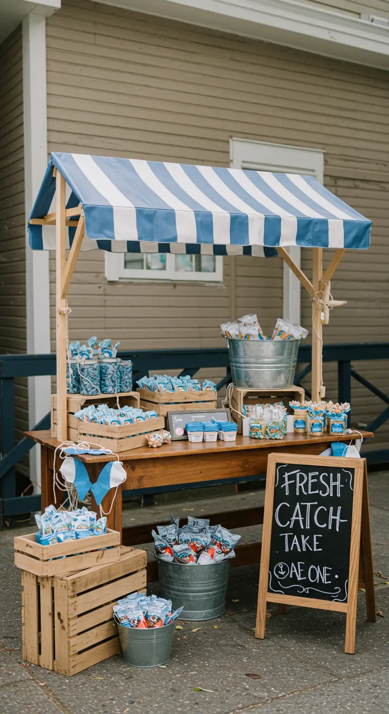 A party favor station designed like a market stall with a sign that says 'Fresh Catch'.