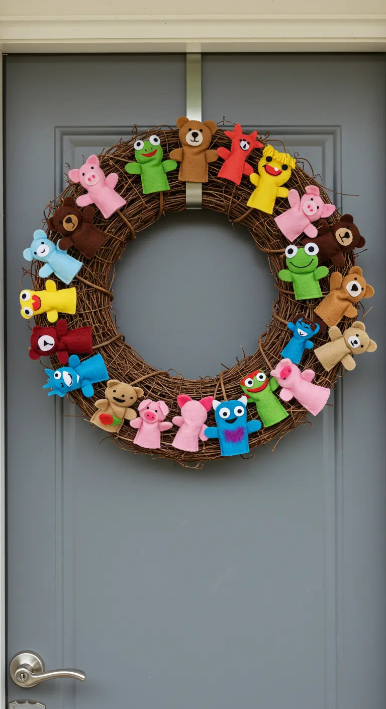 A grapevine wreath decorated with a circle of colorful, cute finger puppets.