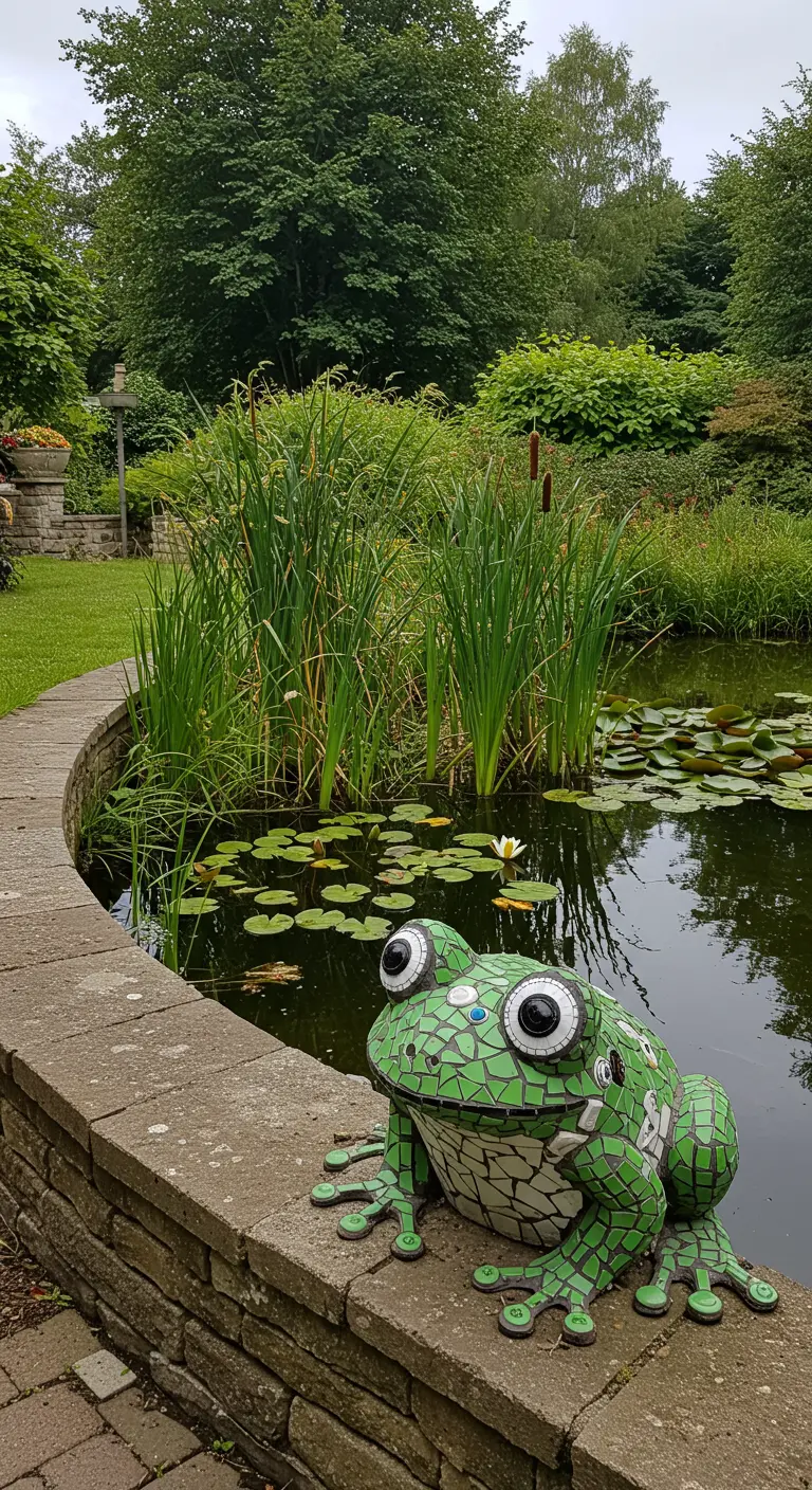 A large green mosaic frog sculpture sitting on the edge of a garden pond.