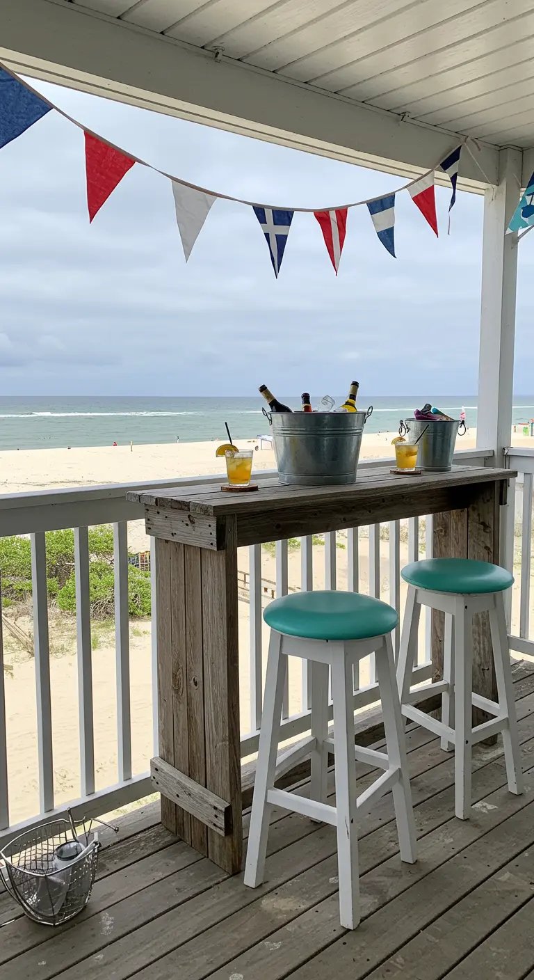 A rustic wooden bar table and stools on a balcony overlooking a sandy beach.