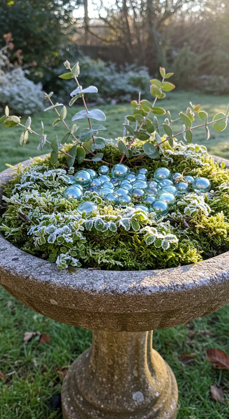 A stone birdbath filled with green moss and frosted aqua glass baubles.