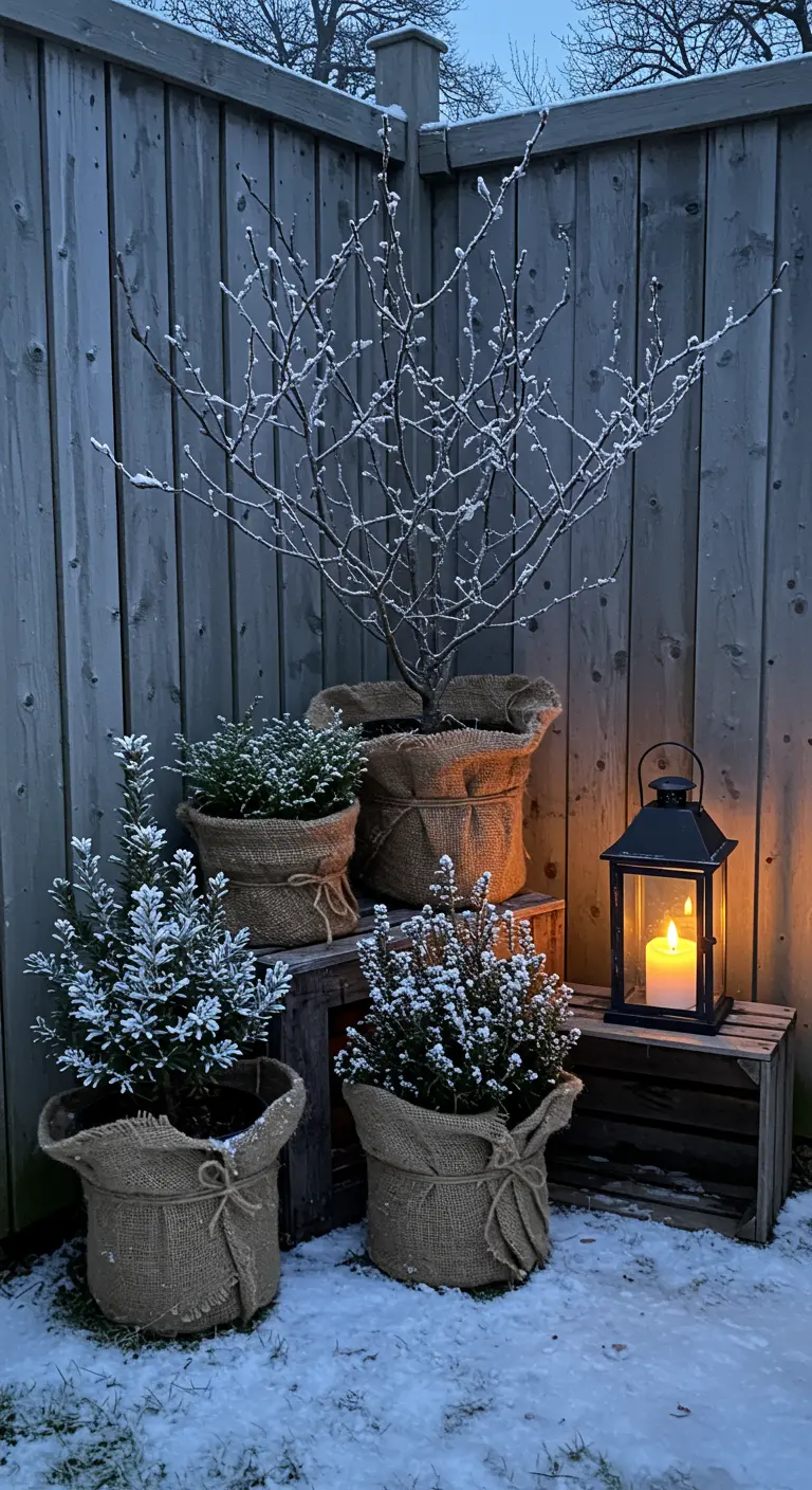 Burlap-wrapped planters with frosty plants and a candle lantern in a snowy garden corner.