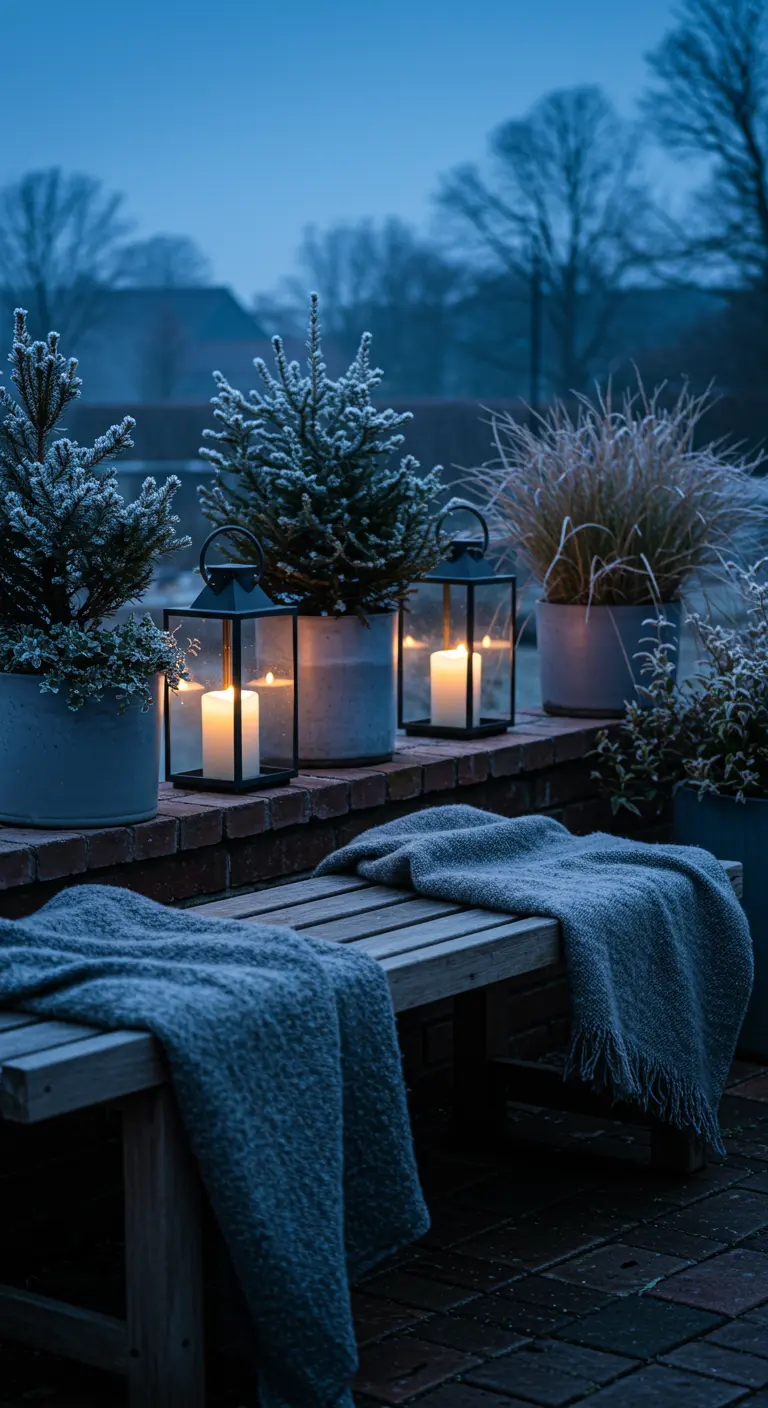 A row of frosted plants in pots on a brick ledge at dusk, with a wooden bench and blanket.