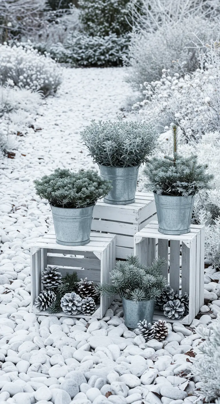 White-painted crates and galvanized buckets with silvery plants and frosted pine cones on white gravel.