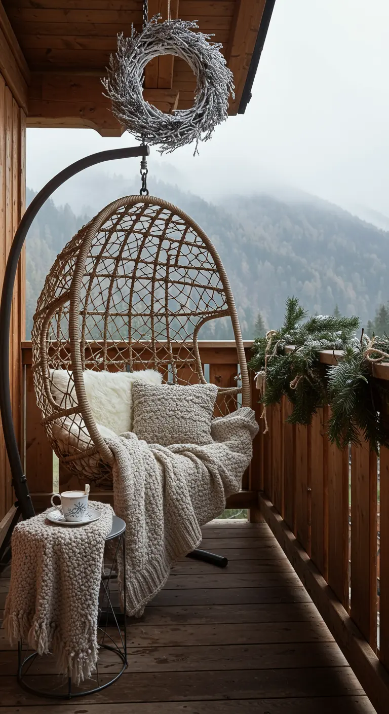 A cozy hanging rattan chair on a balcony with blankets and a frosted white wreath hanging above.