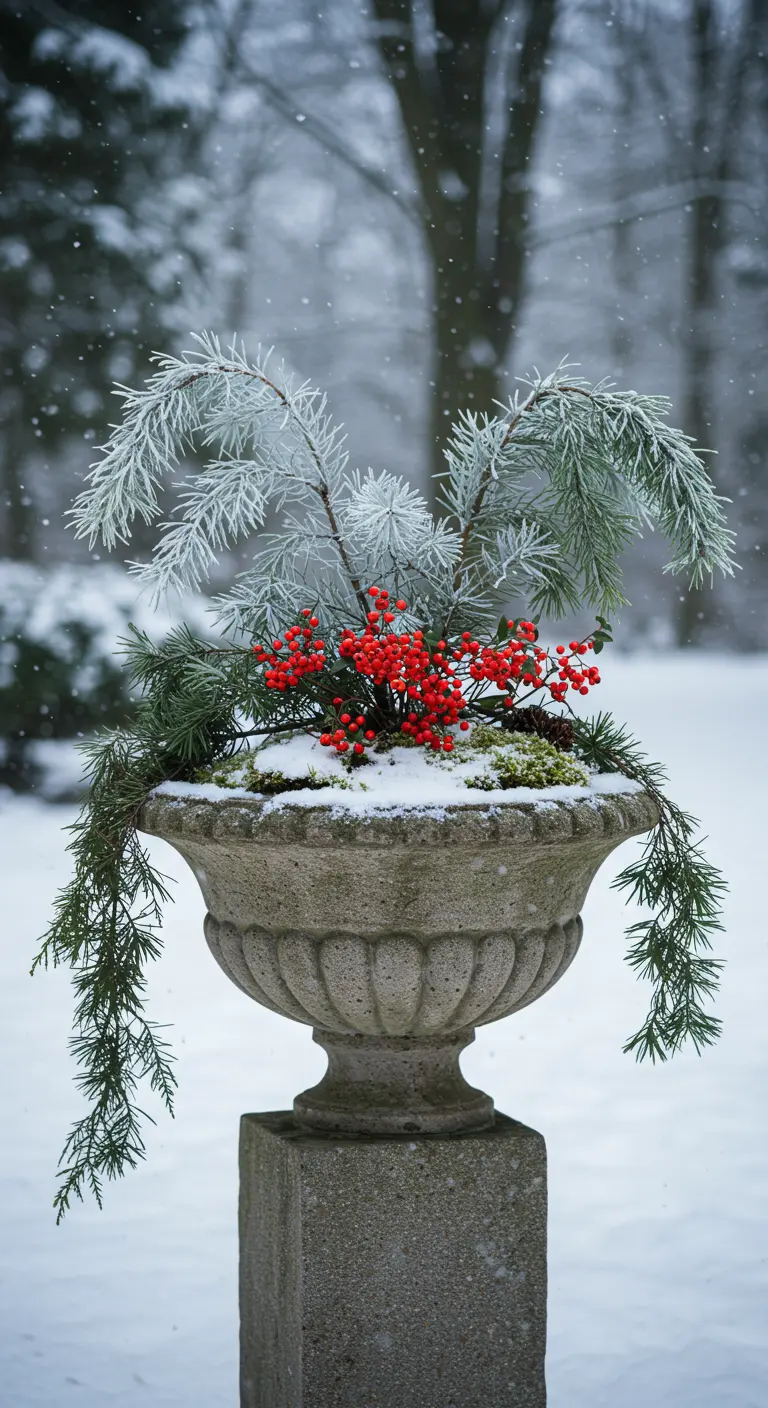 A classic stone urn in the snow with an arrangement of cedar, berries, and heavily frosted pine branches.