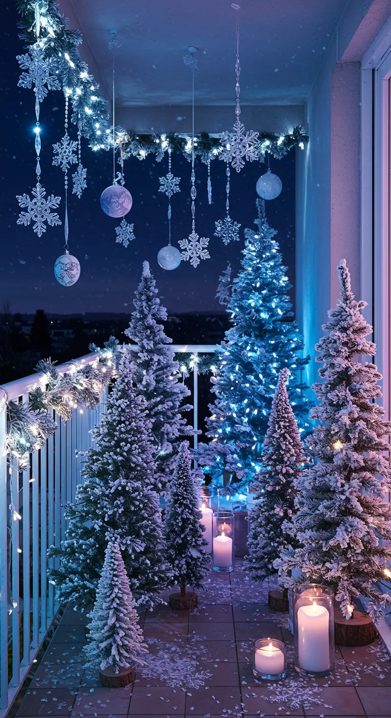 Balcony filled with flocked Christmas trees, lit with blue and white lights.