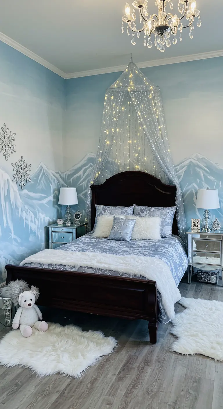 Winter-themed bedroom with a mountain mural and a fairy-light canopy.
