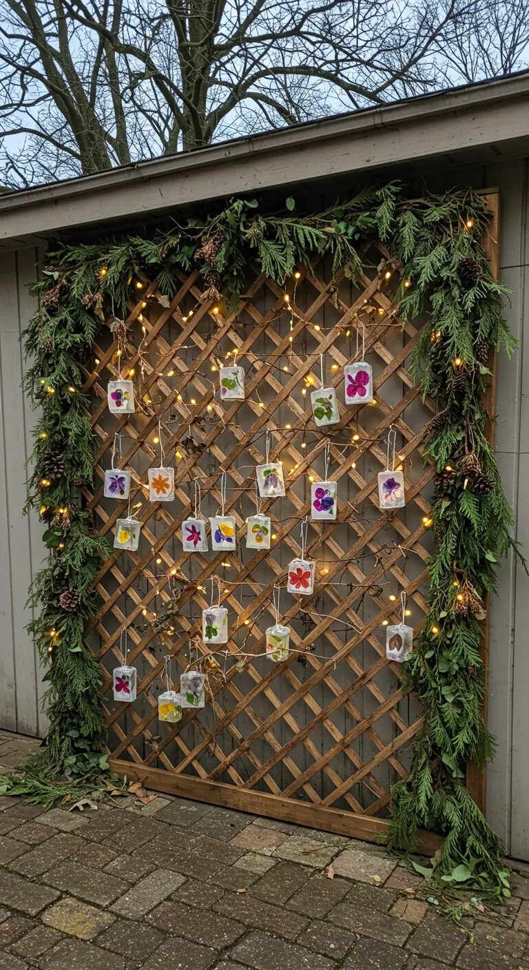 A wooden lattice decorated with small, square ice tiles containing frozen flowers.