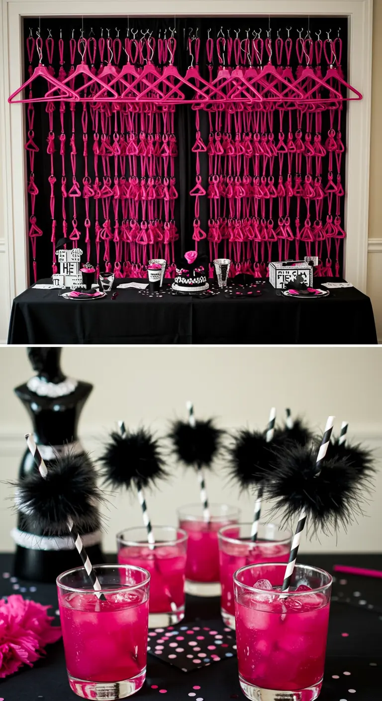 A party backdrop made from rows of bright pink hangers, with chic black-and-white accents.