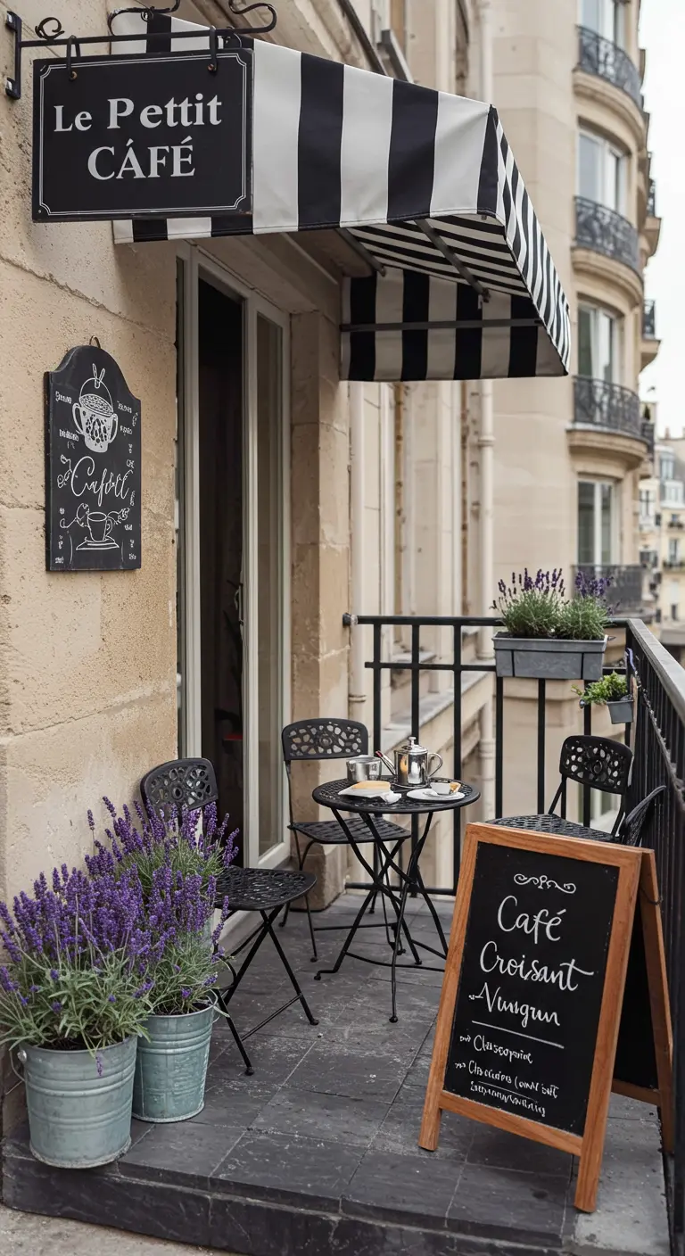 A balcony styled as a mini café with a sign, chalkboard menu, and A-frame board.