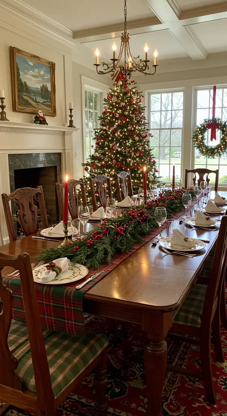Traditional dining room with plaid runner, red berry garland, and a large Christmas tree.