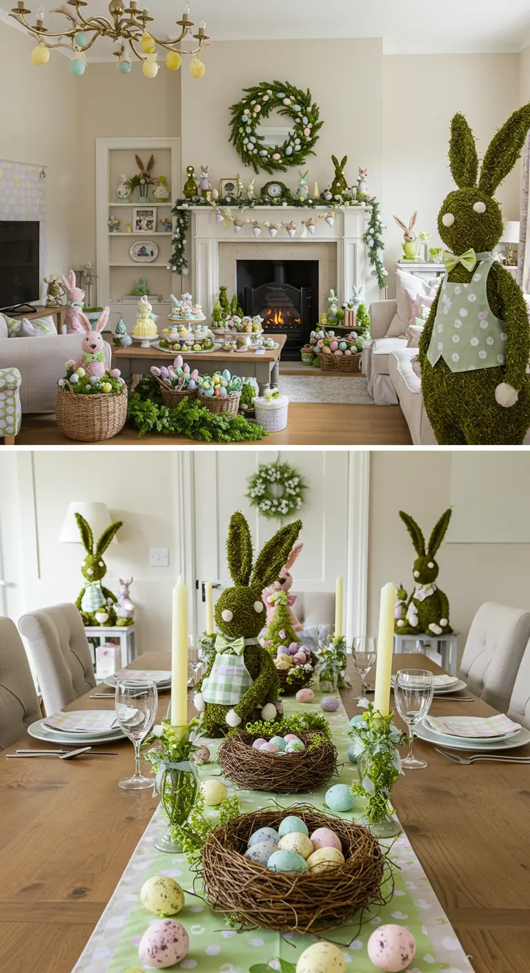Two views of a living and dining room fully decorated for Easter with moss bunnies and garlands.