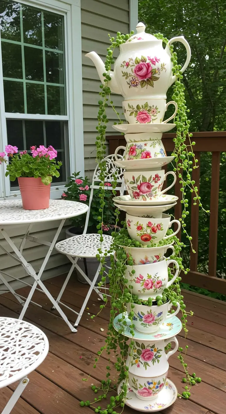 A tall teacup tower topped with a teapot, with a long string of pearls plant cascading down.