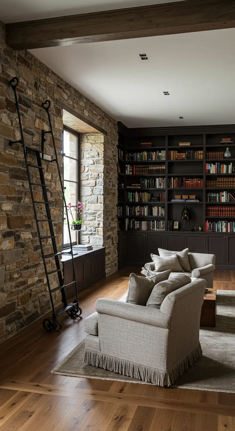 A home library with dark built-in bookshelves and a black rolling ladder.