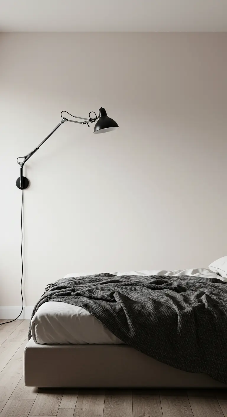 A minimalist bedroom with a black articulated wall lamp mounted over the bed.