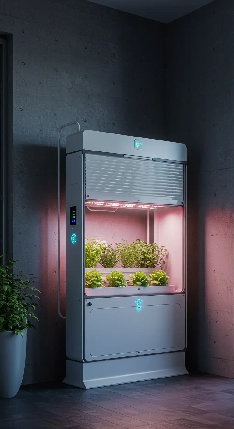A sleek, futuristic smart greenhouse with automated lighting and climate control for herbs.