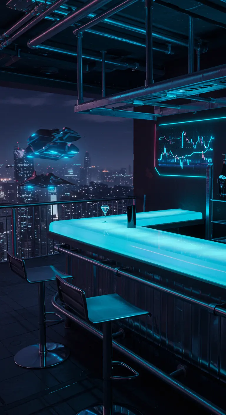 A futuristic sci-fi themed balcony bar with blue lighting and high-tech details.