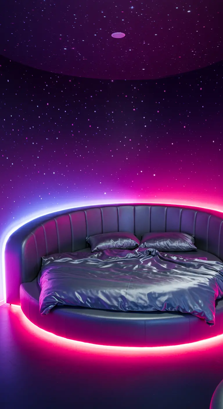 A futuristic round bed in an alcove lit with pink and purple LEDs, under a starry ceiling.