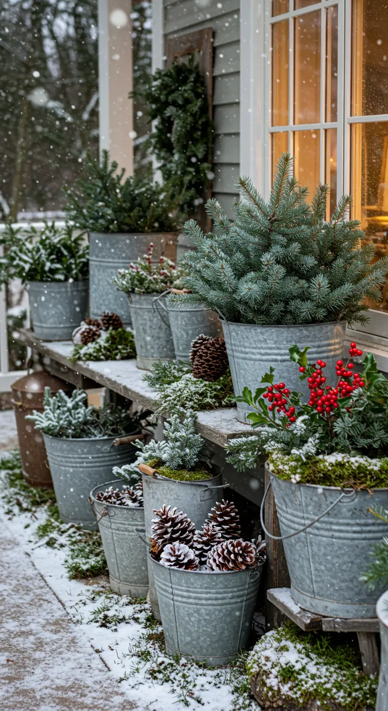 A collection of galvanized buckets on a porch, filled with small evergreens, holly, and pinecones.