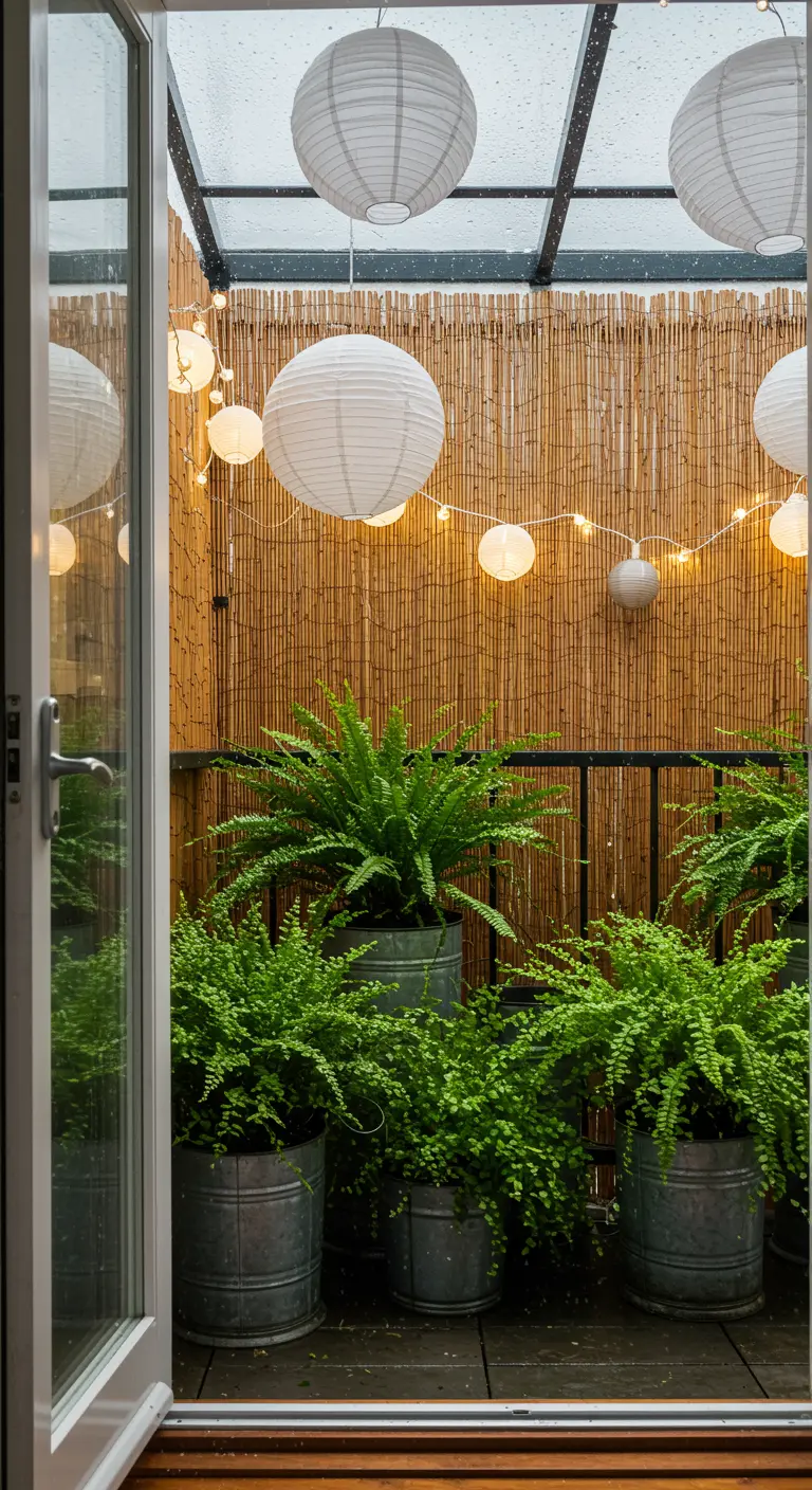 A cozy balcony with ferns in galvanized buckets, illuminated by paper lanterns and string lights.