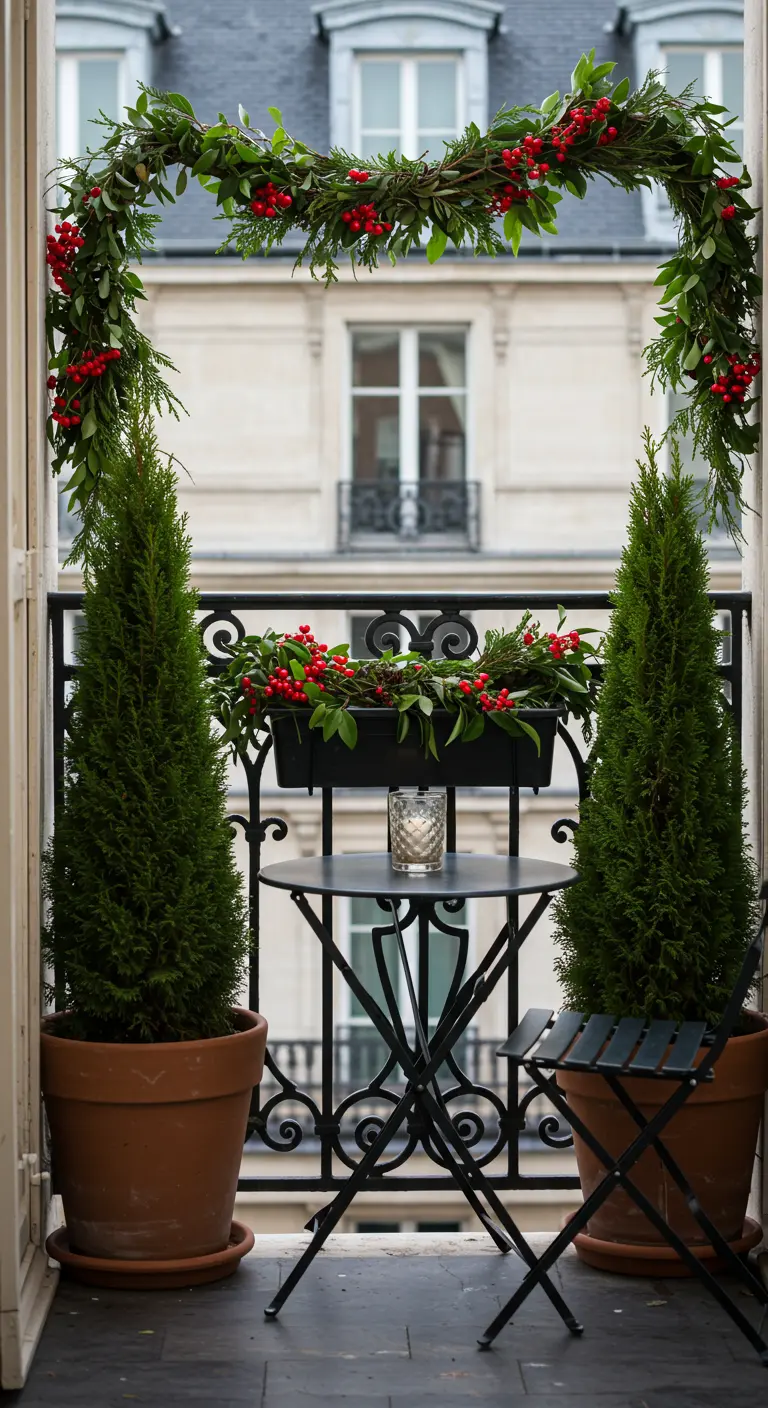 A bistro set on a balcony framed by a garland arch of greenery and berries.