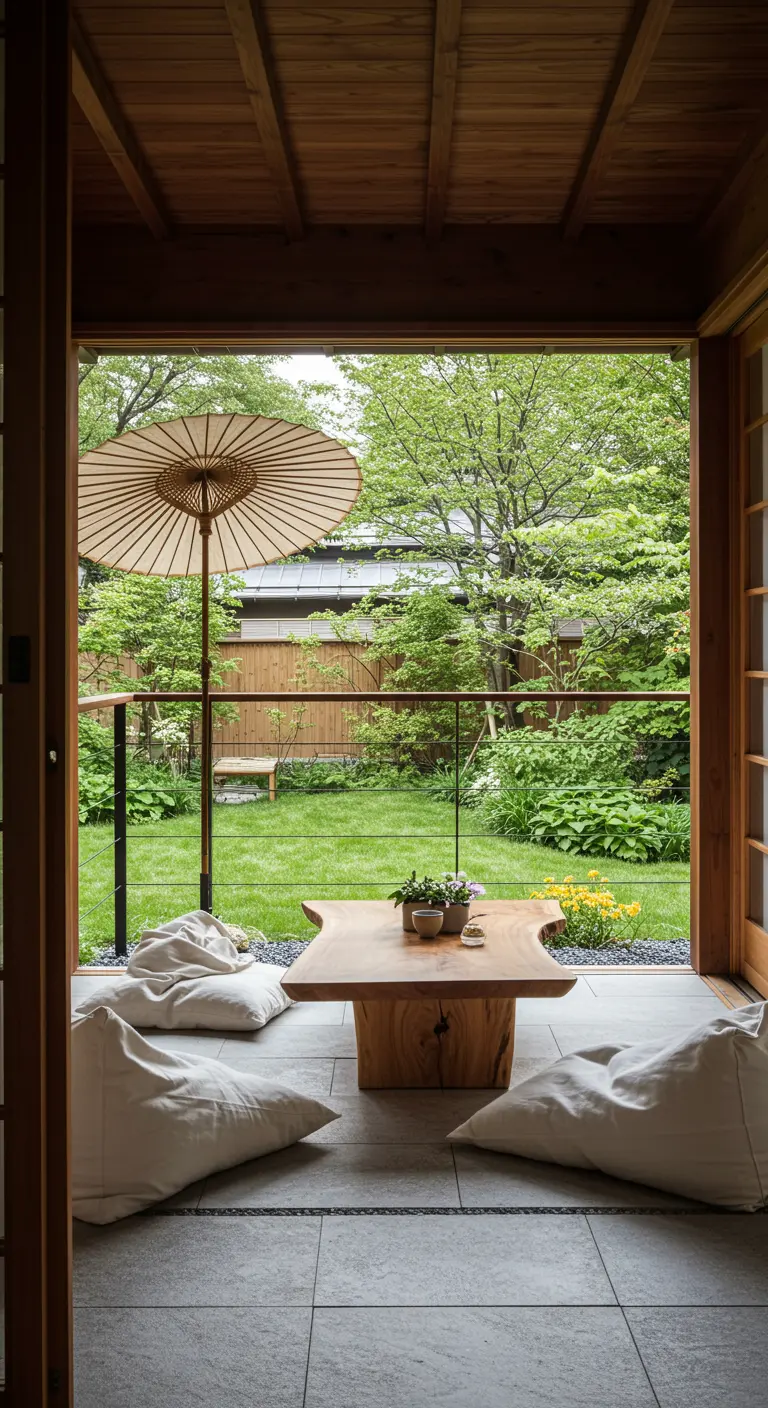 A balcony overlooking a green garden, with a Japanese paper parasol, bean bags, and a live-edge table.