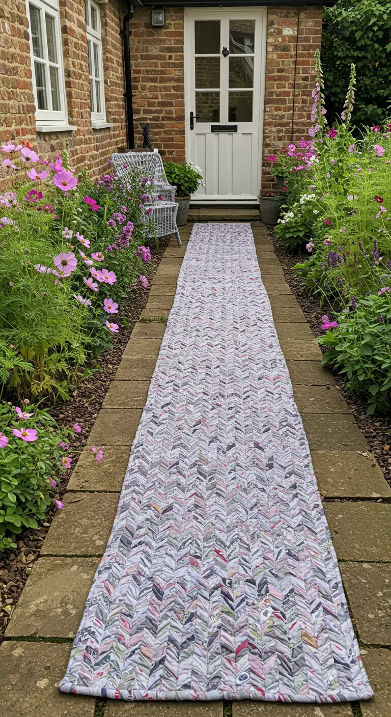 A long, narrow chevron runner laid down the center of a stone garden path flanked by flowers.