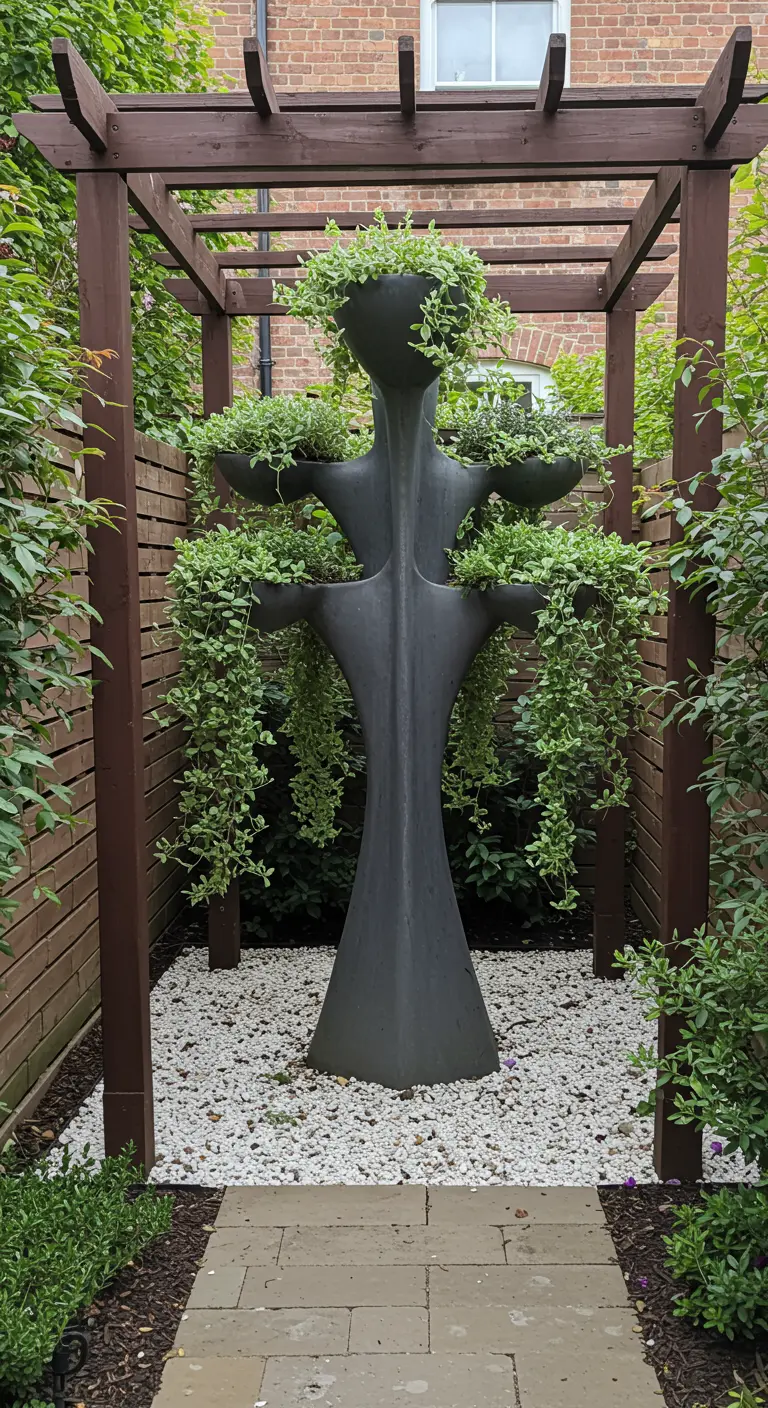 A dark wood pergola framing a tall, abstract tree-shaped planter in a narrow garden.