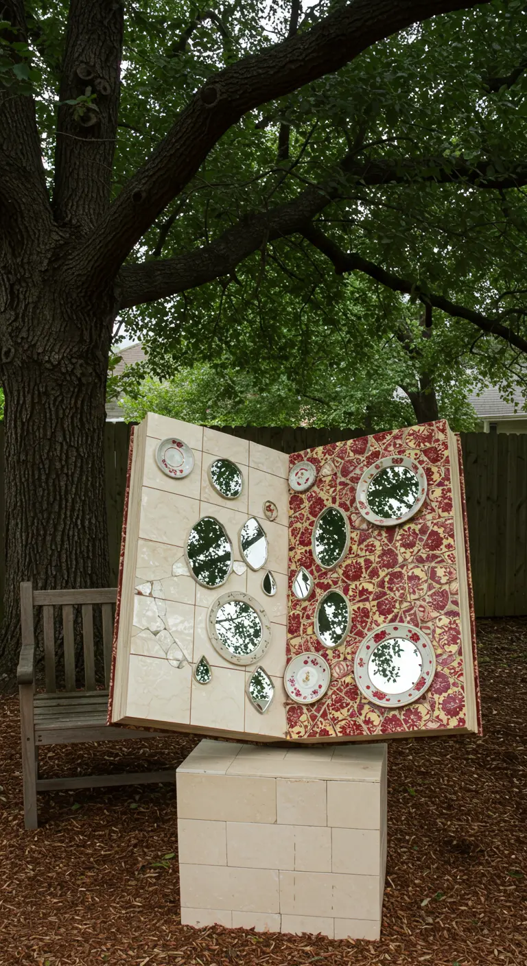 A giant open book sculpture made of mosaic, with each page decorated differently.