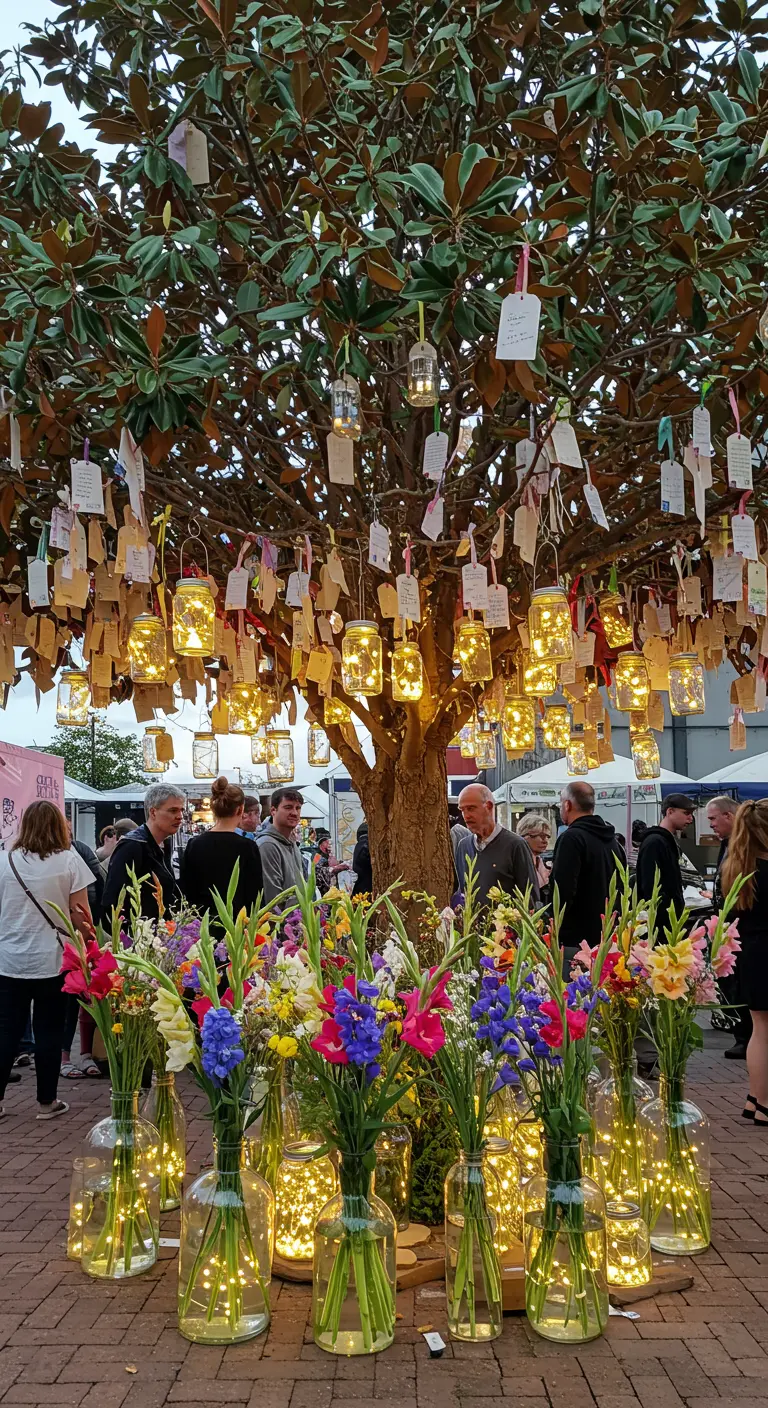 A large tree decorated with hanging wish tags and dozens of glowing mason jar lights.