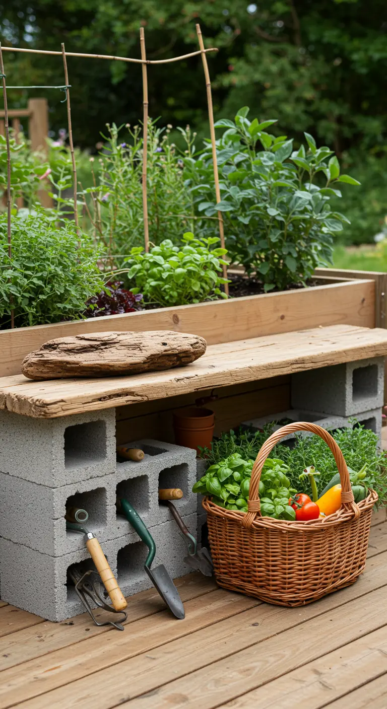 A cinder block bench used as a potting station, with garden tools stored in the block holes.