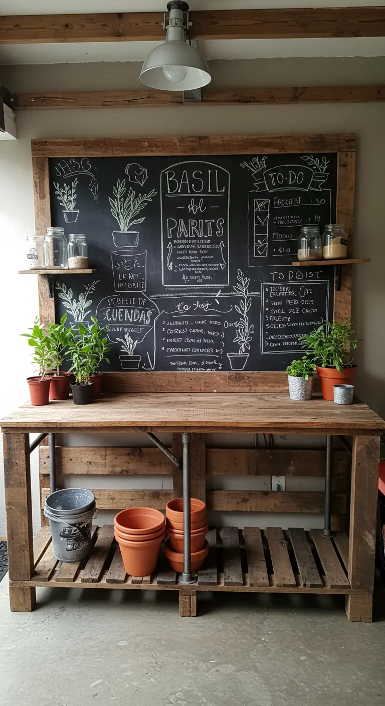 A pallet potting bench featuring a large chalkboard backsplash with handwritten notes and drawings.