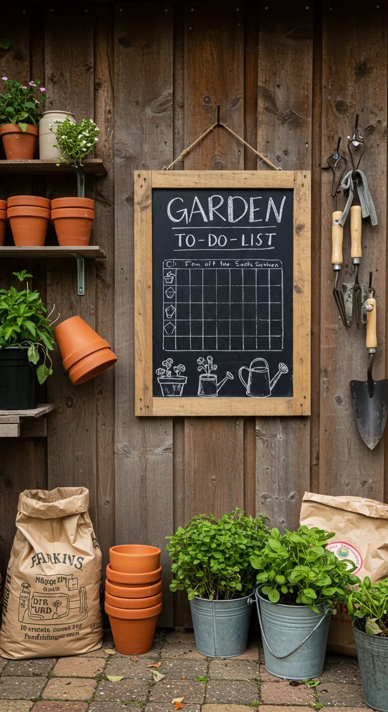 A chalkboard framed with pallet wood used as a garden to-do list.