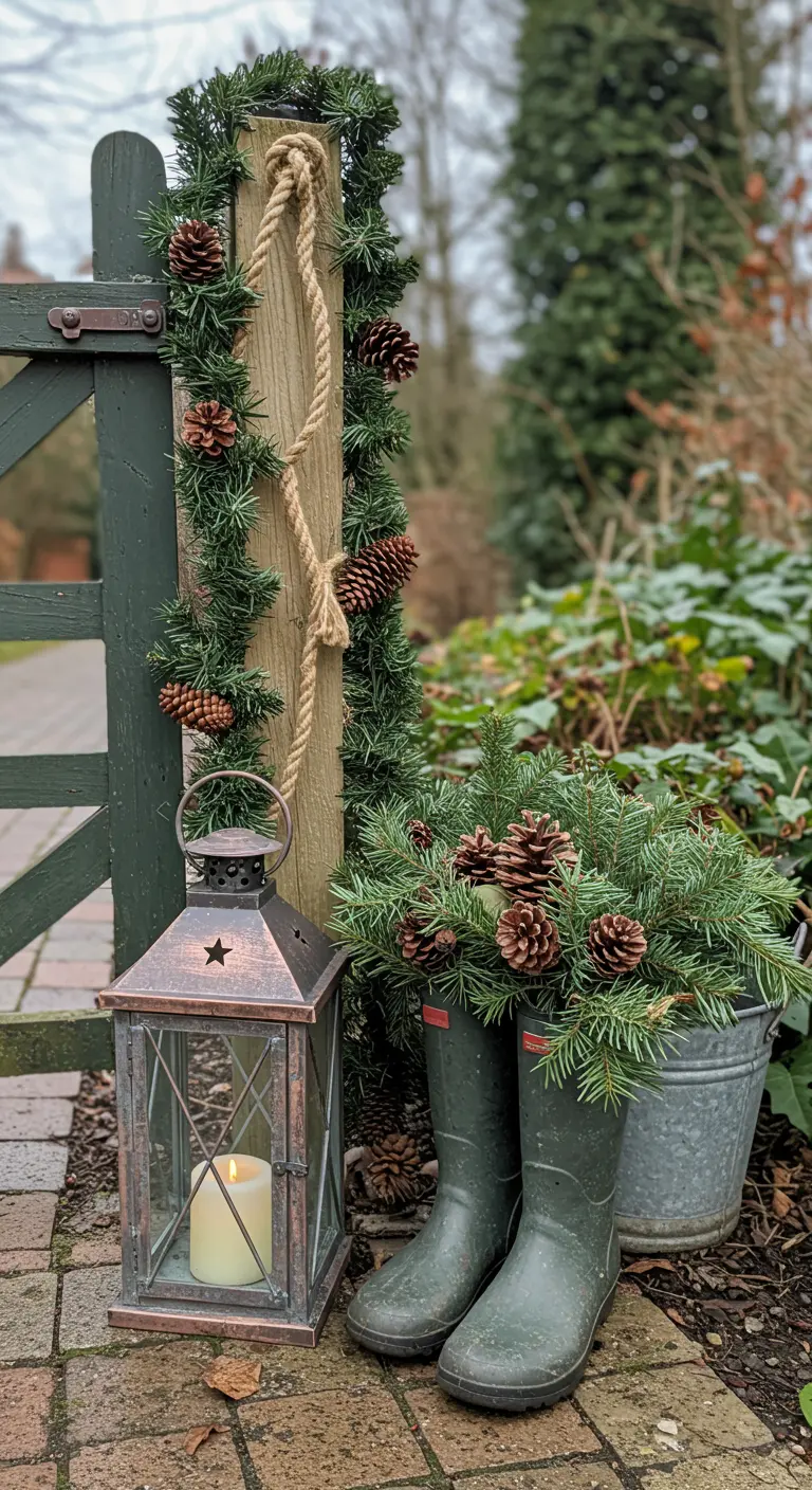 A lantern and rain boots filled with greenery sit by a garland-wrapped post.