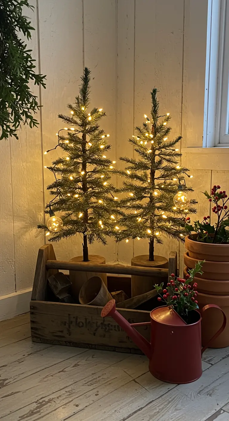 Two sparse mini trees in a tool caddy, with a red watering can.