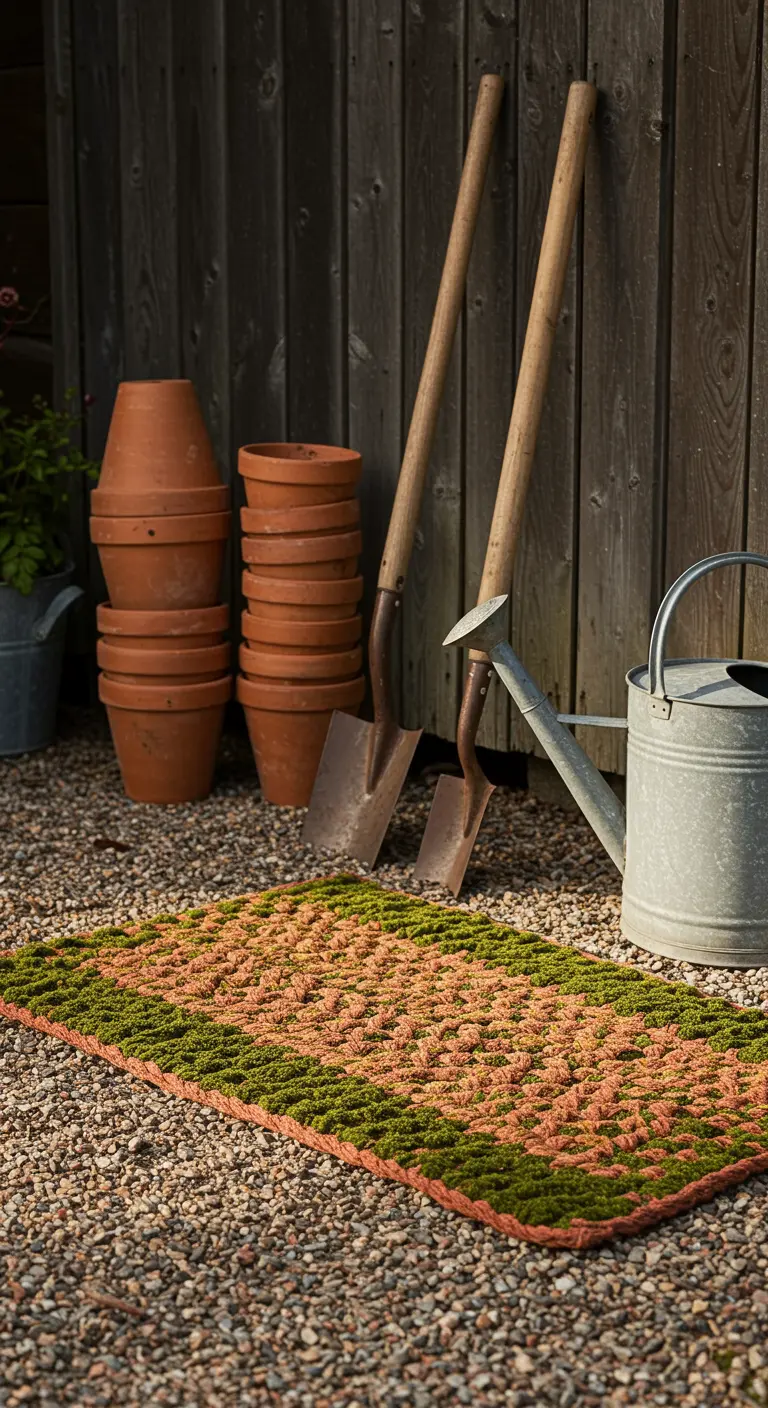 A small chevron rug in terracotta and green on a gravel path next to garden tools.