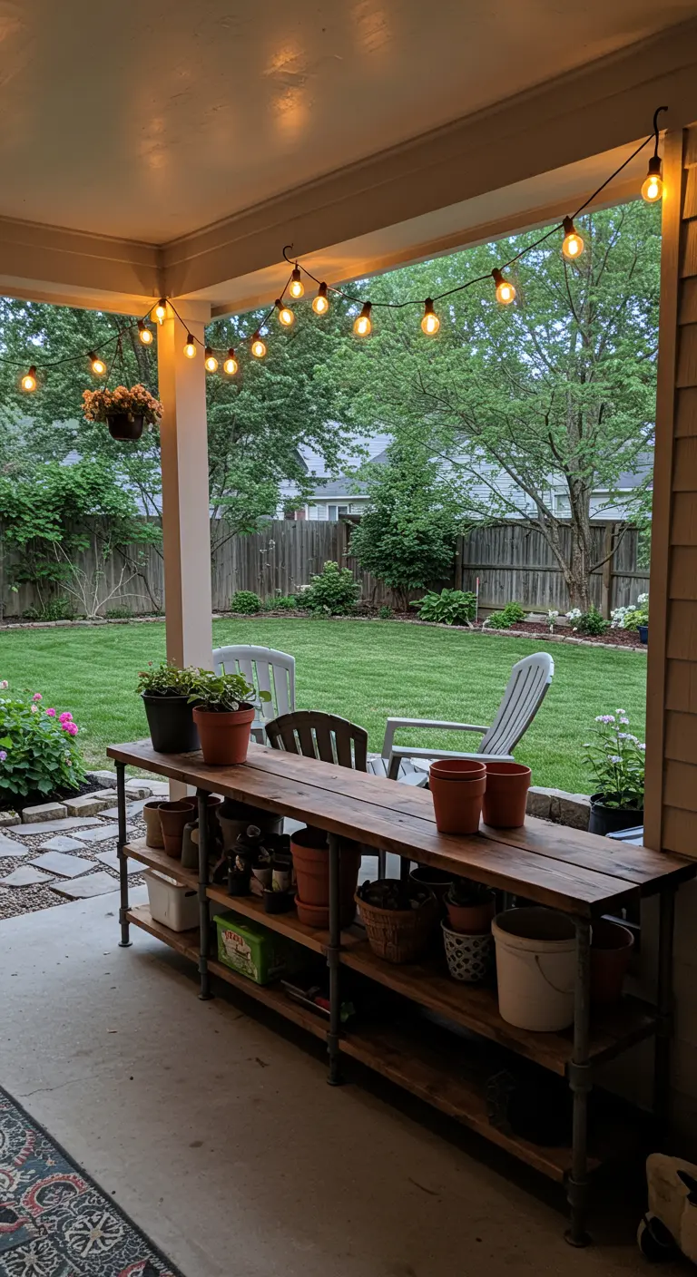Covered patio with a long industrial pipe console shelf used as a potting station, overlooking a garden.